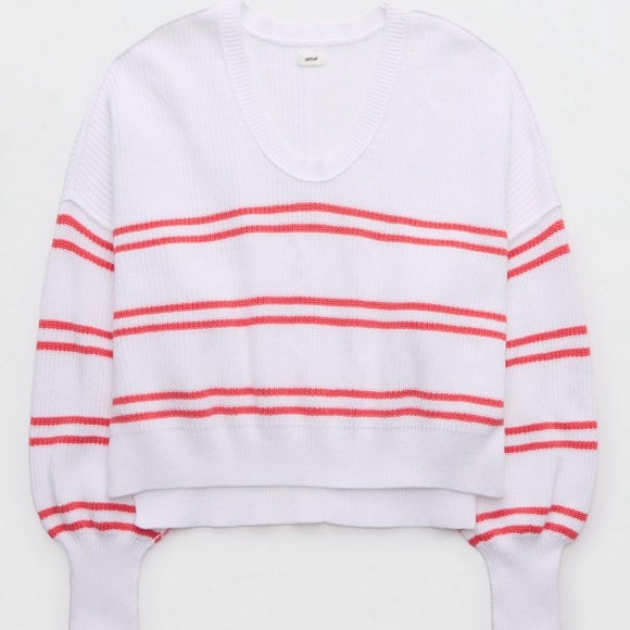 Aerie Women's White and Coral Striped Sweater - Picture 3 of 6